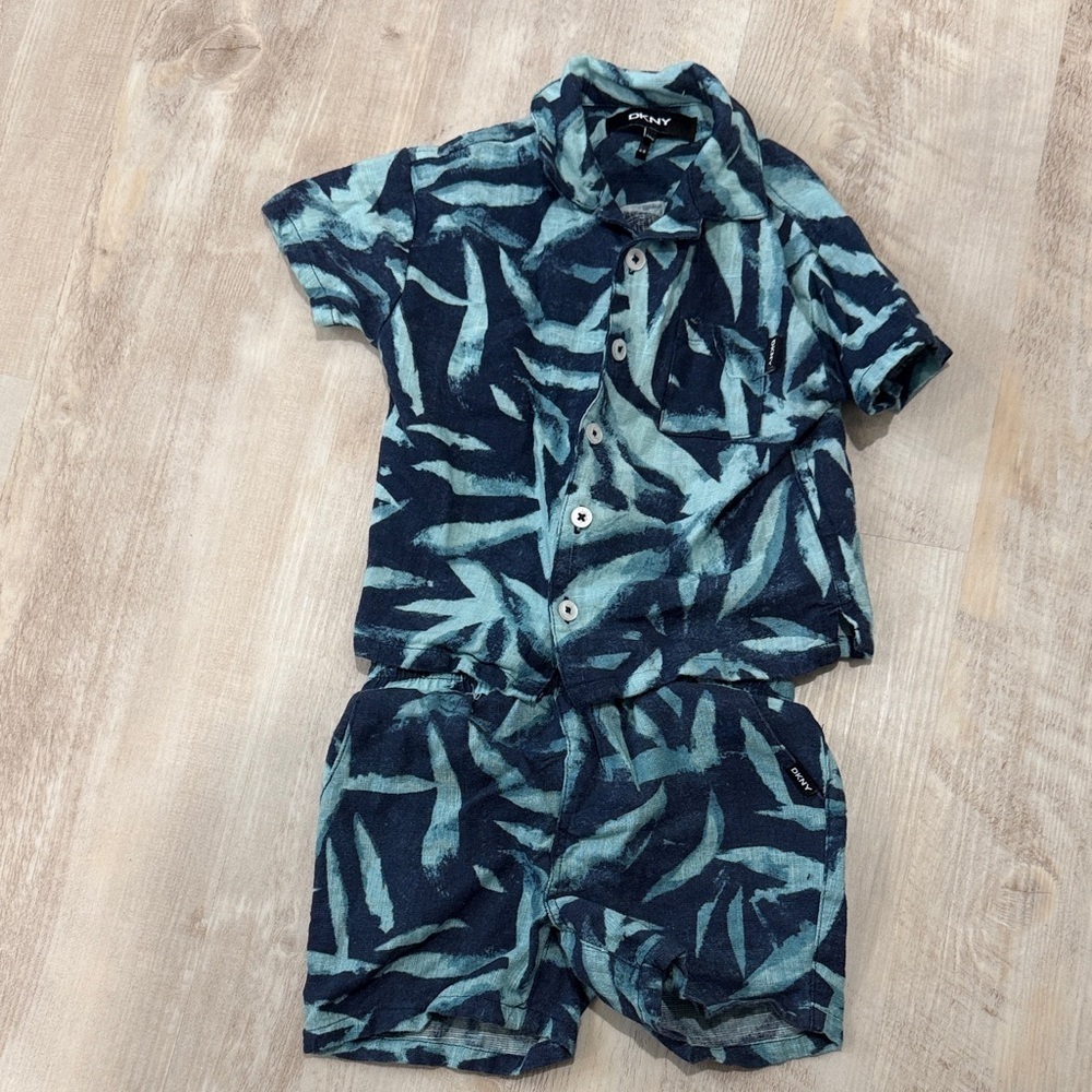 Dkny Boys Navy and Teal Leaf Print Matching Set
